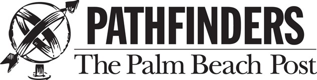 The Palm Beach Post Pathfinders alongside a globe with upward pointing arrow