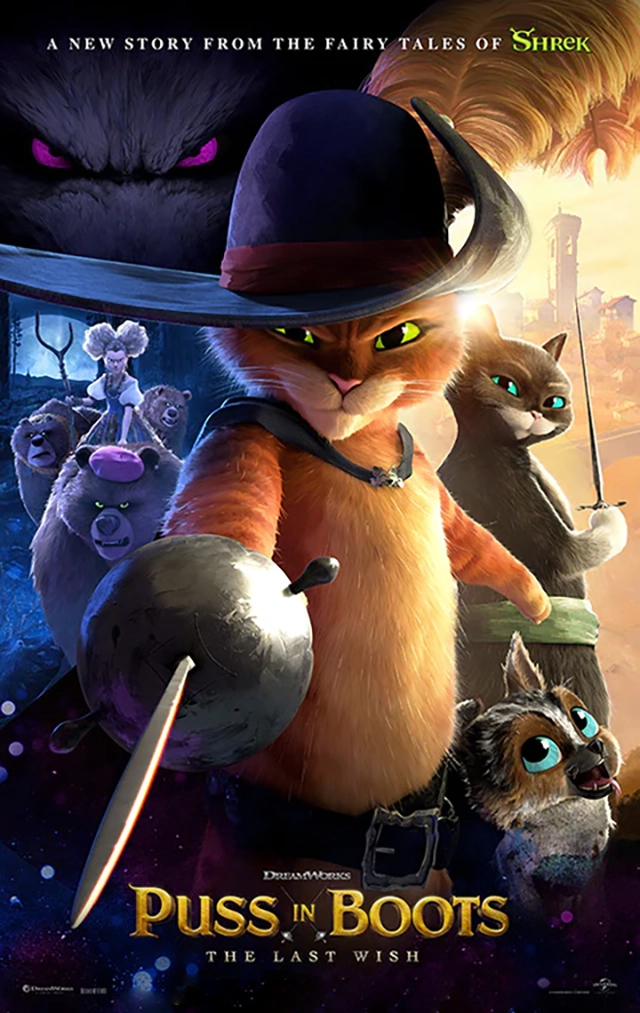 Illustration of a swashbuckling feline character in a cavalier's hat, pointing a sword at the viewer, surrounded by cast of the story allies and villains.