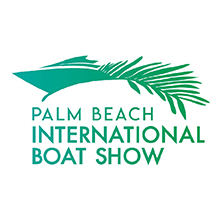 Palm Beach International Boat Show logo with image of a boat and a palm branch behind it where a water wake would appear, making a visual pun, above the sans serif title below. Logo color is a gradient from turquoise to green.