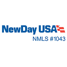 NewDay USA Logo, blue letters, red flag stripes on the end, NMLS #1043