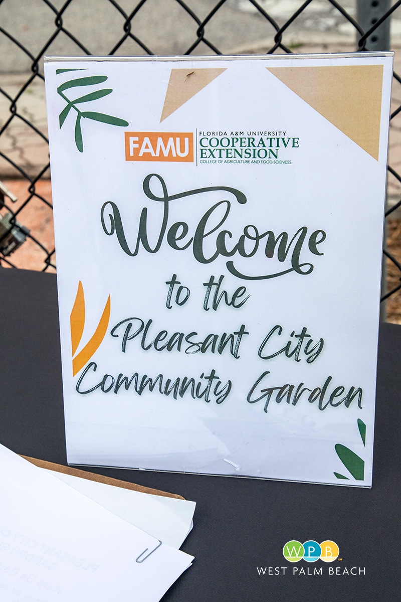 Welcome sign for the residents and guests at the opening of the new Pleasant City Community Garden.