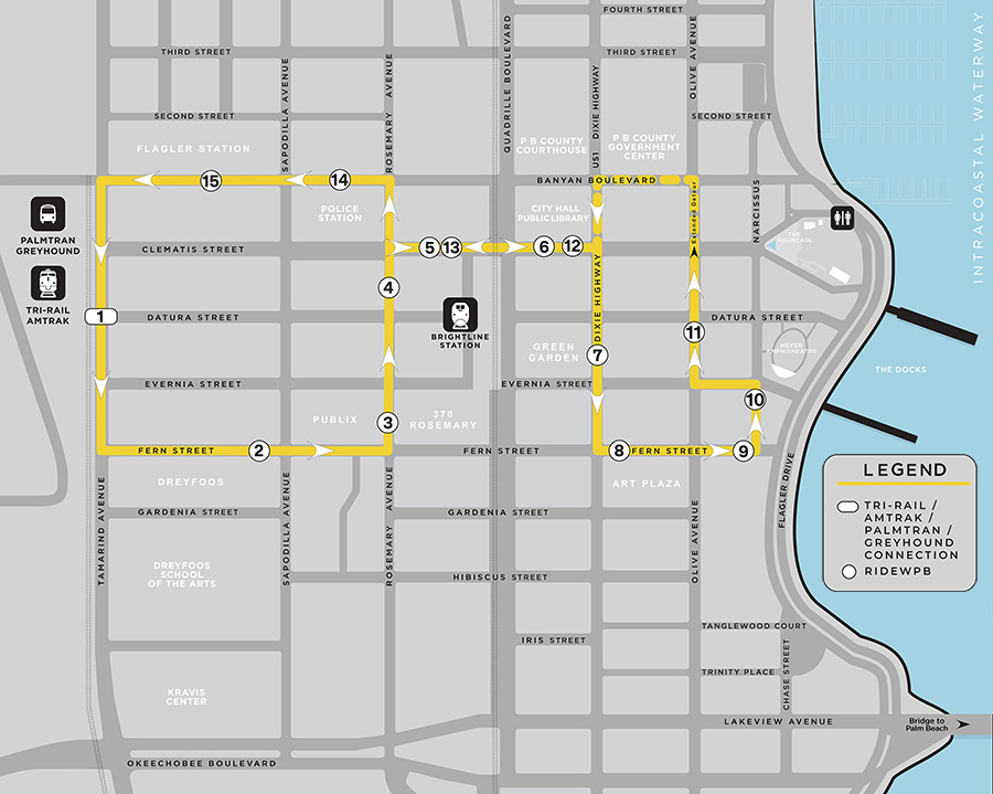 RideWPB map showing fixed route stops and Legend