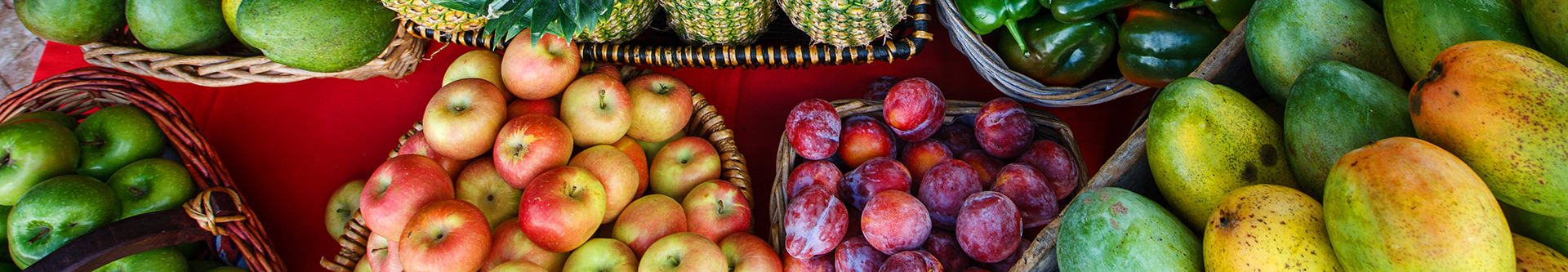 Overhead photo of bright fruits and vegetables.