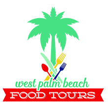 West Palm Beach Food Tours Logo displaying a palm tree with knife, forks and spoon at the base, and title below