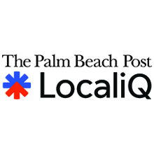 Logo for The Palm Beach Post LocaliQ company. Logo is all text with an 8-pronged blue and red graphic star