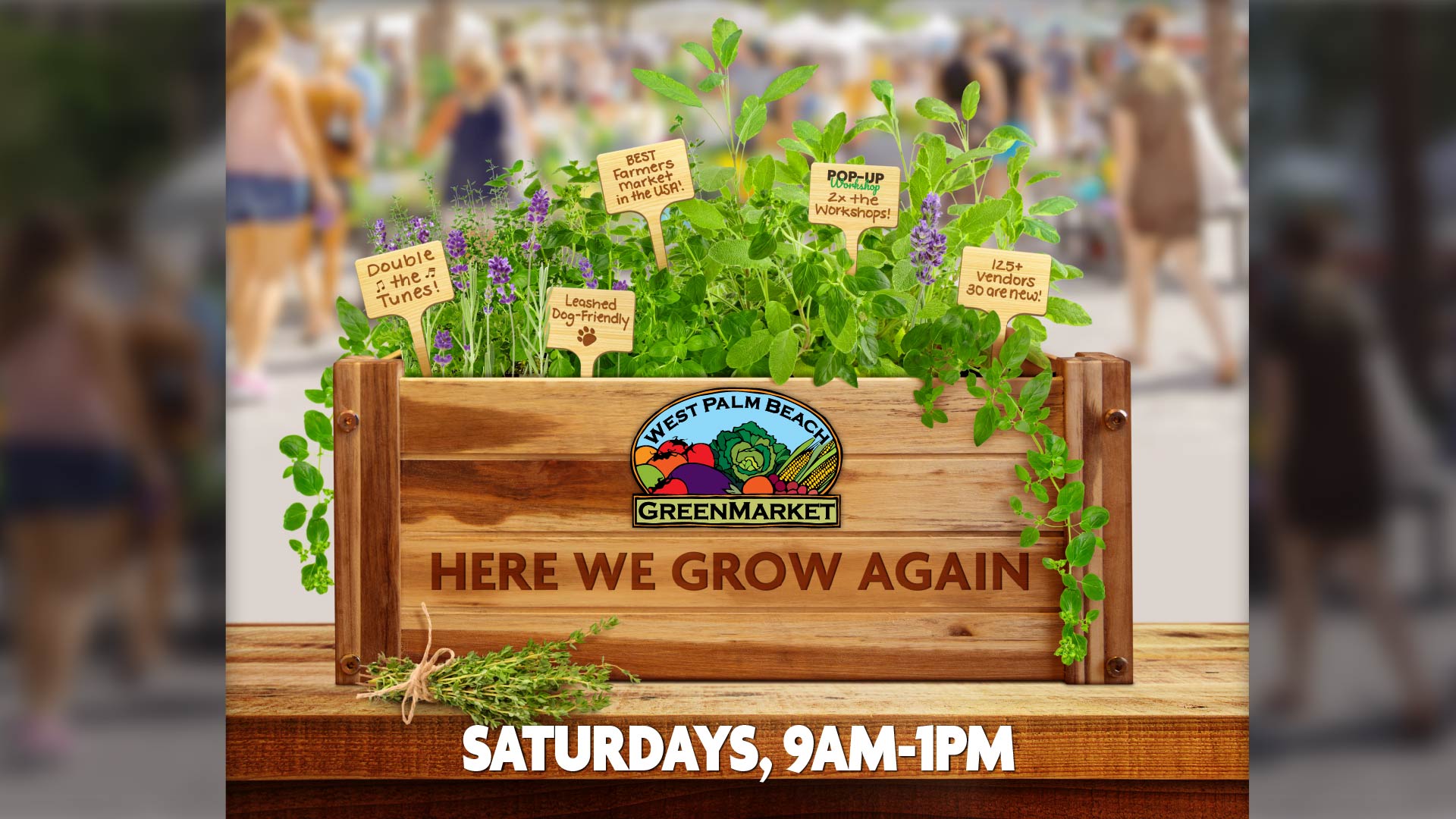 Photo of planter box containing herbs. West Palm Beach GreenMarket logo is on the front of the box.  Below the market hours listed are: Saturdays, 9:00 a.m.-1:00 p.m.