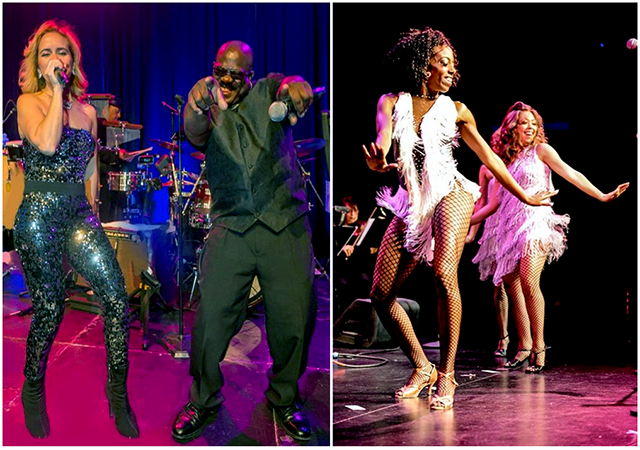 Two photos side by side of 4 members of the Studio 54 band performing onstage