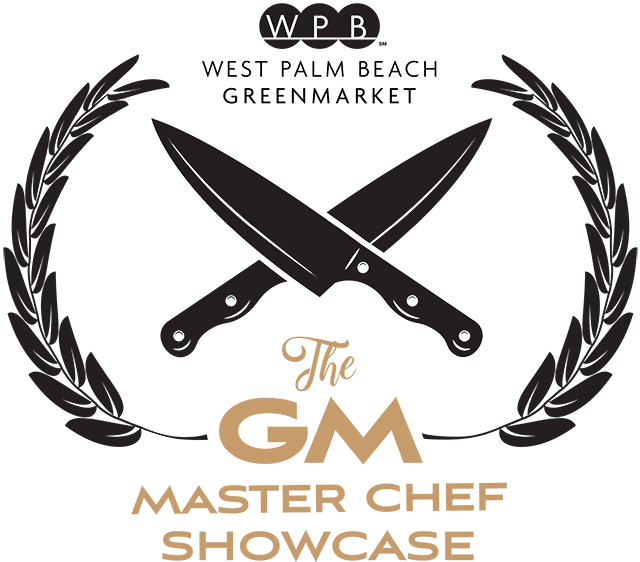 Logo for the West Palm Beach GreenMarket Master Chef Showcase. Image shows 2 chef knives crossed at the center, surrounded on either side by laurel leaves