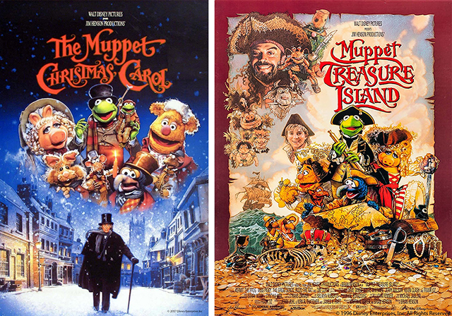 Movie posters for The Muppet Christmas Carol, and Muppet Treasure Island