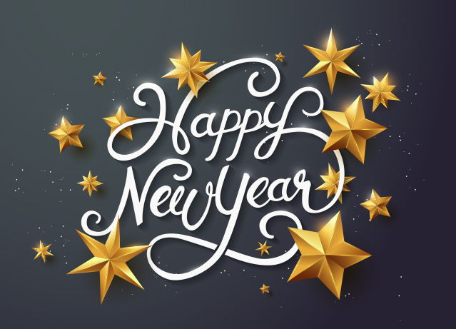 The words Happy New Year in gold letters with stars and sparkles on a dark grey-black background