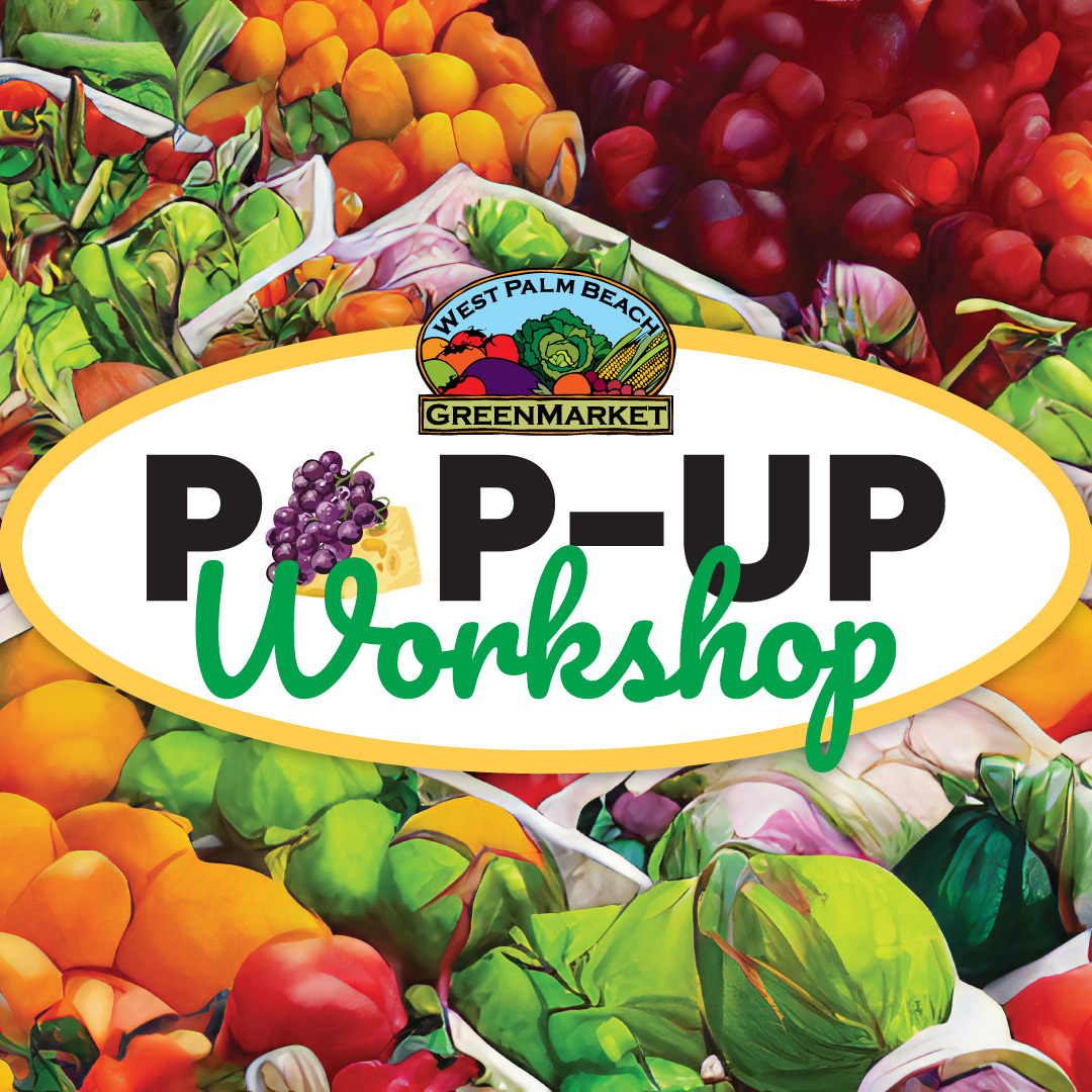 Pop-Up Workshop type logo, customized for wine and cheese with these items featured where the letter 'O' would be. Logo is surrounded by fruits & vegetables