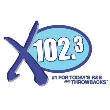 WMBX logo featuring a large X, and 102.3 encircled in light blue, with #1 for Today's R&B, and Throwbacks in fine print below the logo