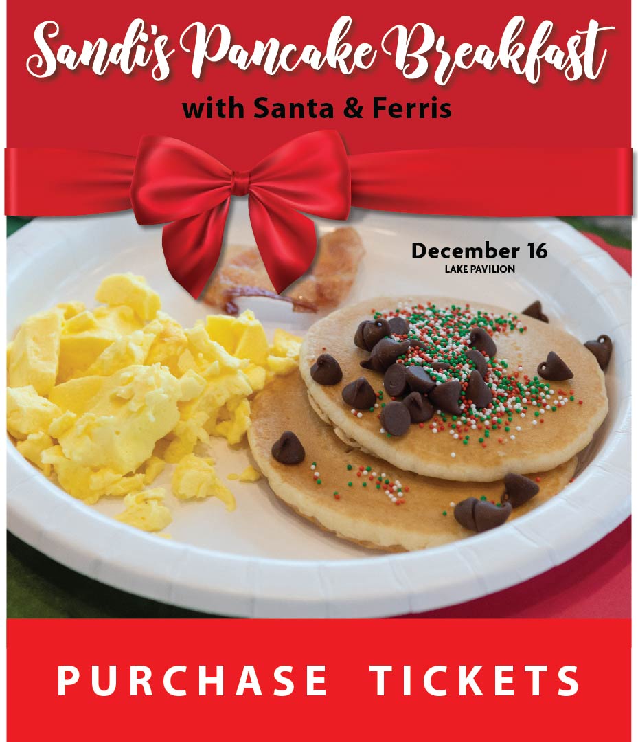 Sandi's Pancake Breakfast with Santa & Ferris_PURCHASE TICKETS button showing a plate of eggs, pancakes with chocolate kisses sprinkled over, and bacon