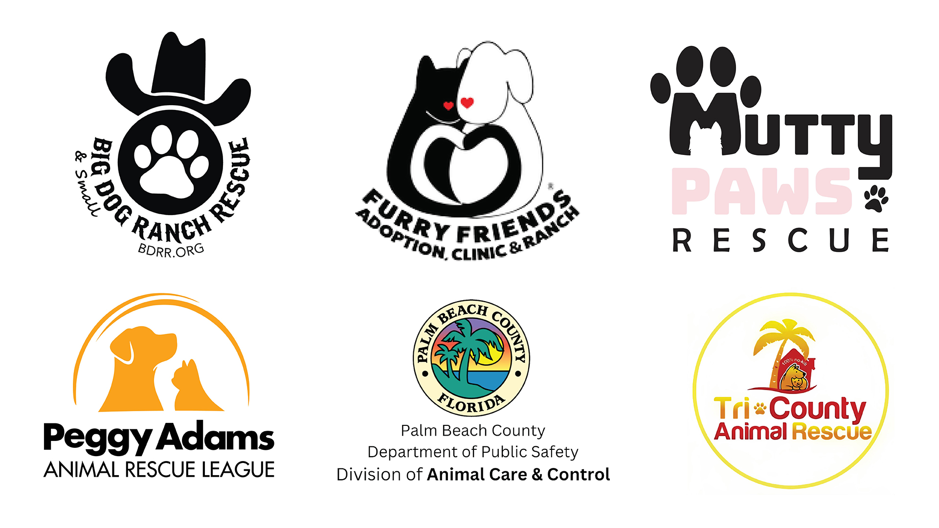 Logos for Animal Rescue Organizations participating in Rovers in the Park: Big Dog Ranch Rescue, Furry Friends, Muddy Paws, Peggy Adams, PBC Animal Care & Control, and Tri-County Animal Rescue