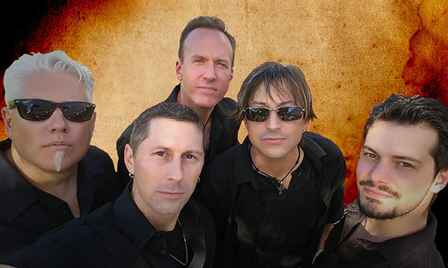 Portrait of black-clad Goodnix band members against a burnt sienna background