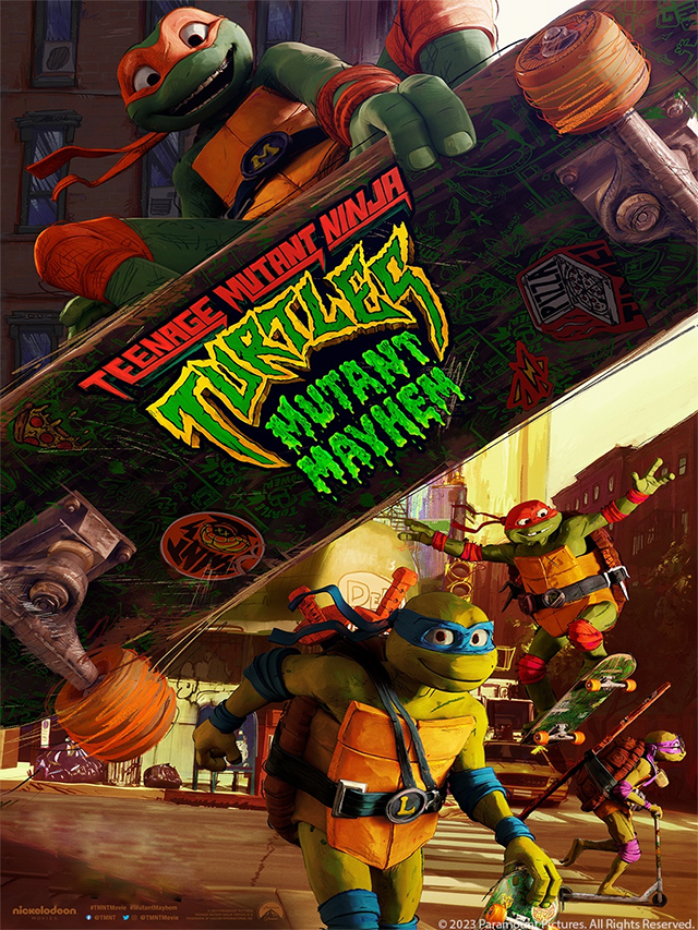 Teenage Mutant Ninja Turtles movie poster showing animated turtle characters riding skateboards in New York City