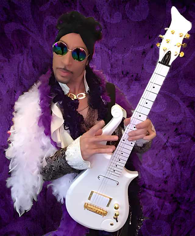 Photo of Sir Jac wearing purple with a white feather boa, holding a white guitar, against a deep purple background.