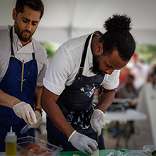 Photo of chefs at work during a GreenMarket Chef Showcase competition