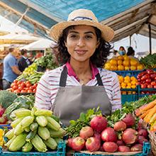 Photo of a young female farmers market vendor at her booth.