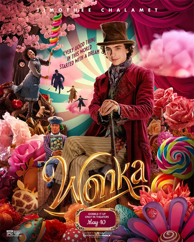 Official "Wonka" Movie poster showing Willy Wonka in a violet top hat, smiling, surrounded by flowers and sweets.