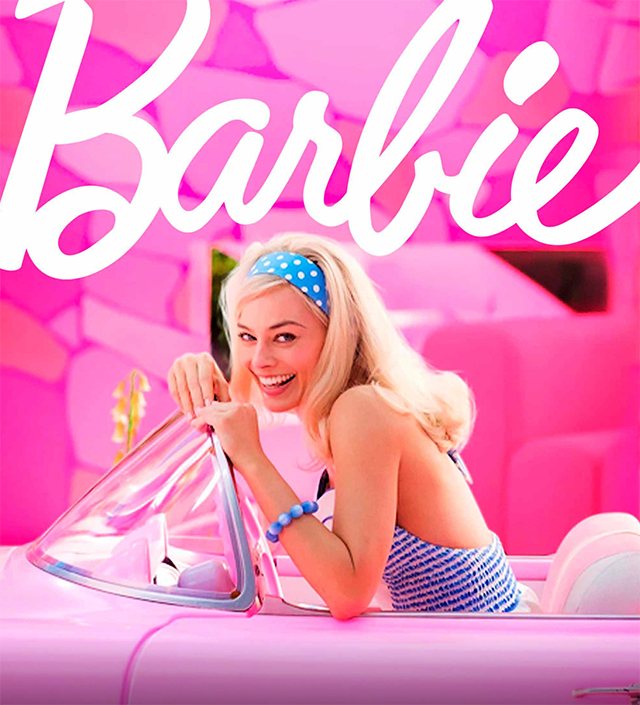 Movie Poster for Barbie.  Pink background with Barbie leaning forward, smiling, in a pink convertible.