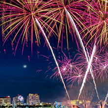 View of fireworks shooting from barge in the Intercoastal Waterway off West Palm Beach.