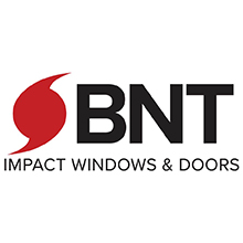 BNT Impact Windows & Doors Logo (Black letters with a red hurricane symbol)