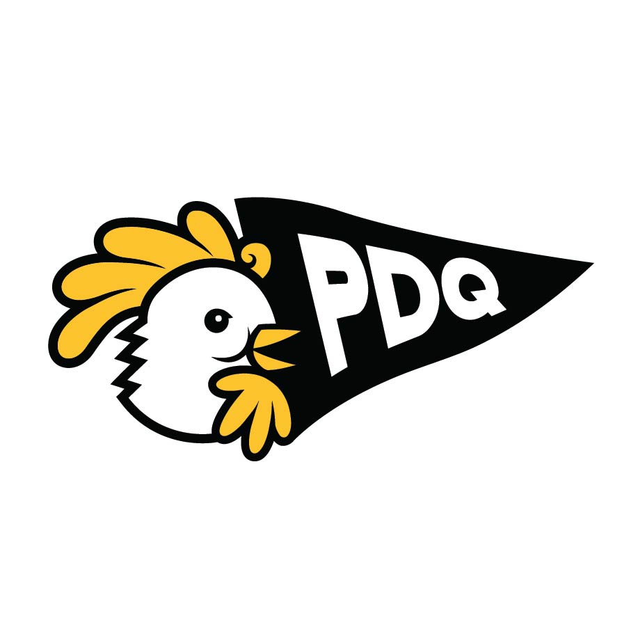 Black PDQ pennant next to a stylized chicken