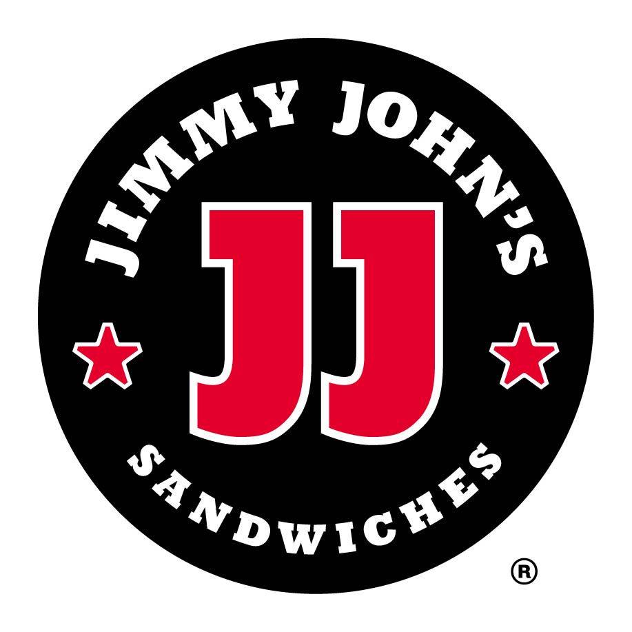 Red "JJ" centered in a black circle with "Jimmy Johns Sandwiches" in the upper and lower border, separated by 2 red stars_220x220