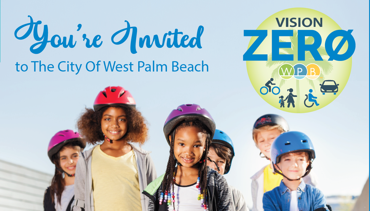 Children in bike helmets, inviting you to a Vision Zero Event