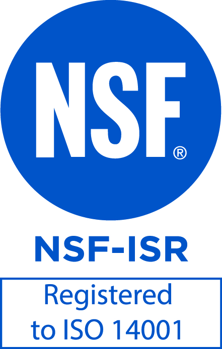 Blue NSF symbol  on white background reading NSF-ISR with "Registered to ISO 14001" in box below.