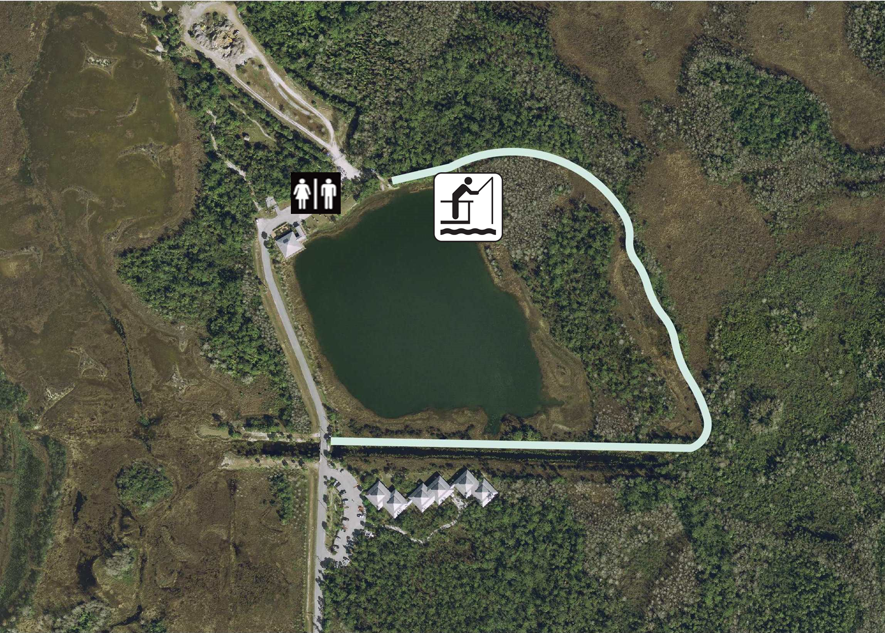 Image of eagle trail map showing the path of the trail in white and the location of public restrooms in the parking area and the designated fishing dock at the trailhead.