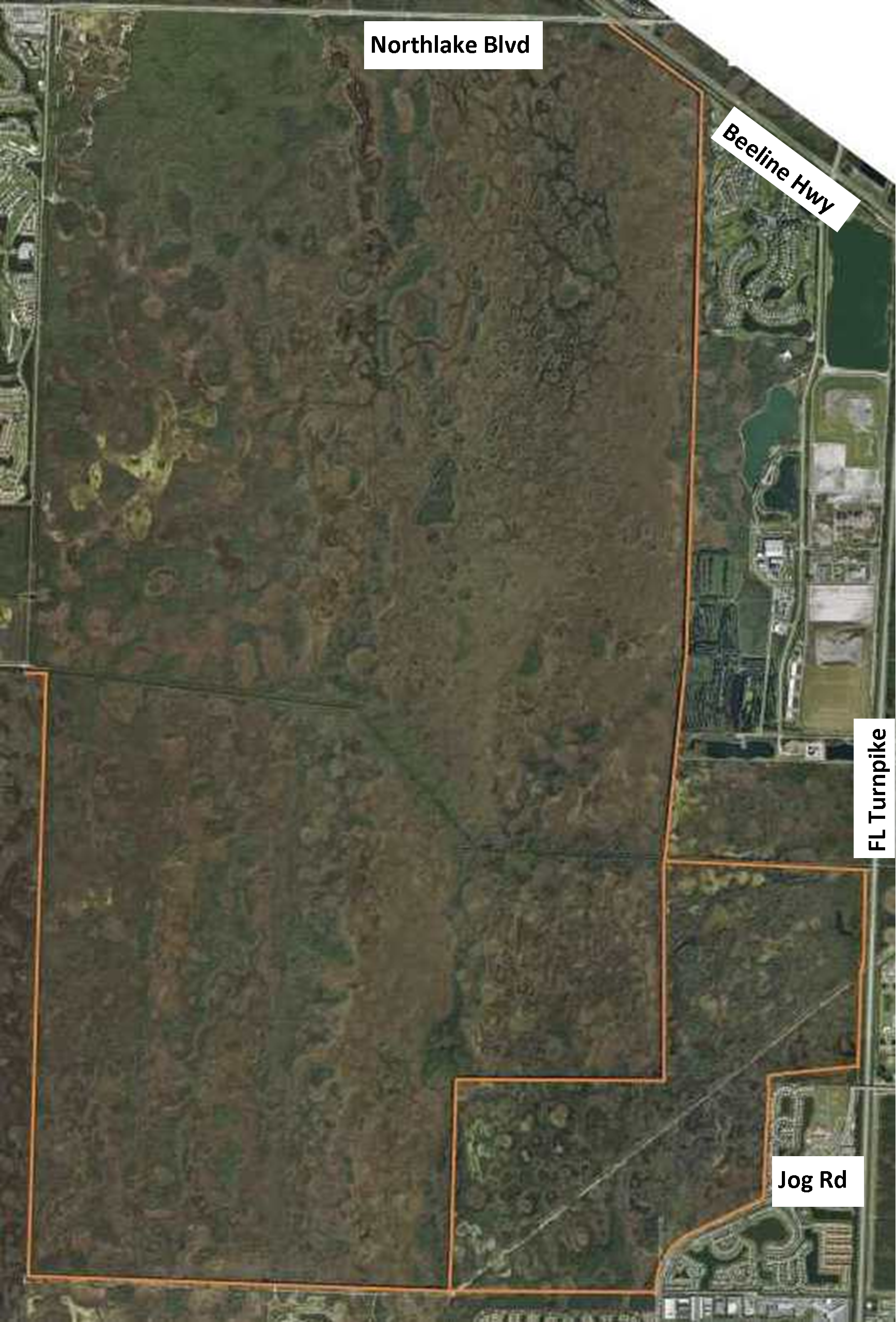 Image showing owahee trail in orange over a satellite image of Grassy Waters Preserve.  Northlake Blvd, Beeline Hwy, FL Turnpike, and Jog Rd are also shown