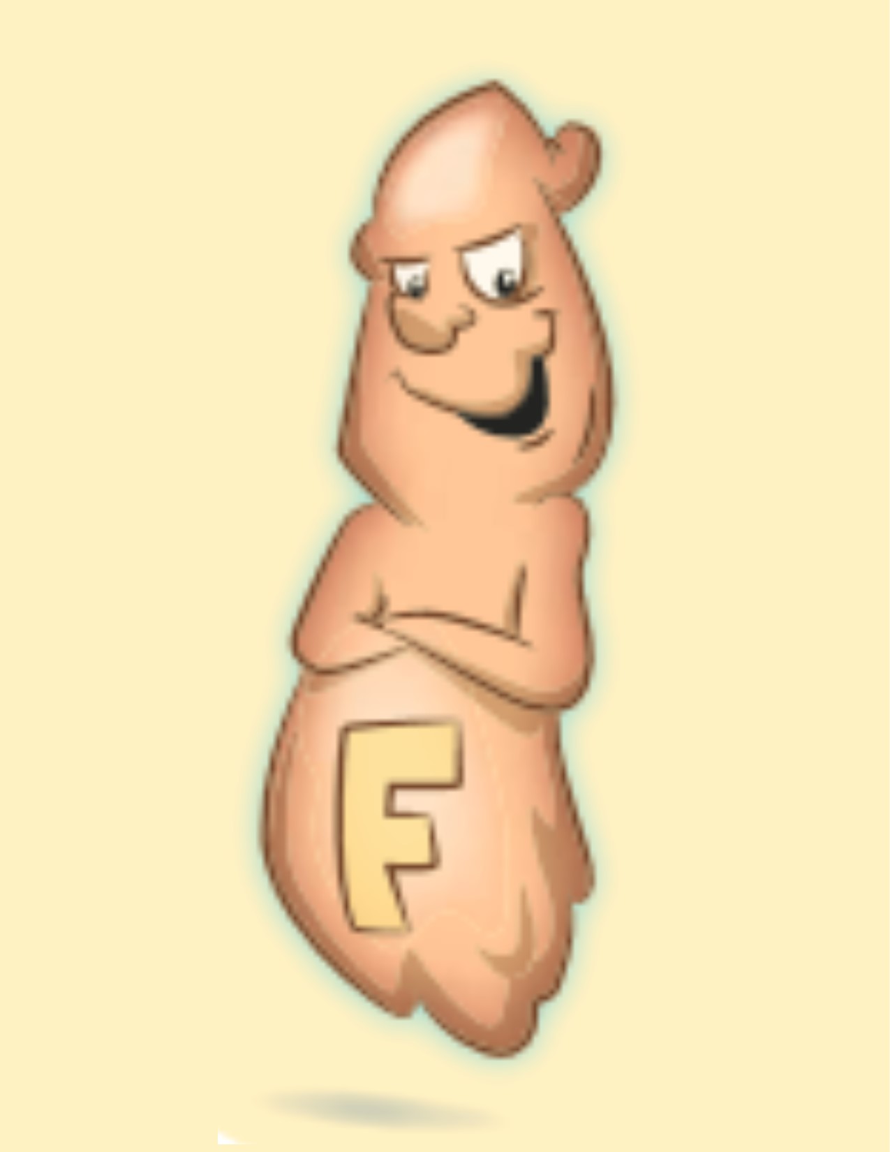 Cartoon image of "Fat" Villian featuring "F" on body, one yellow background