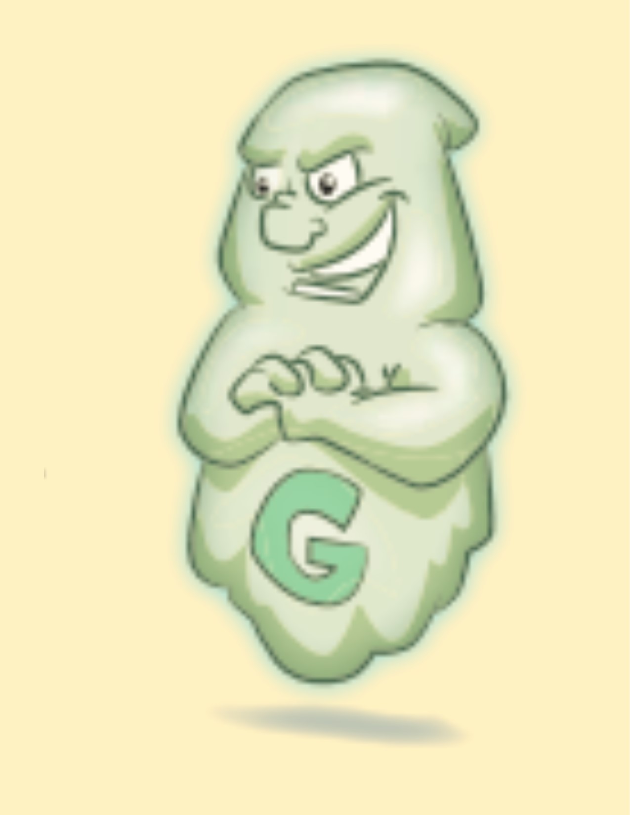 Cartoon image of "Grease" Villian featuring "G" on body, on yellow background