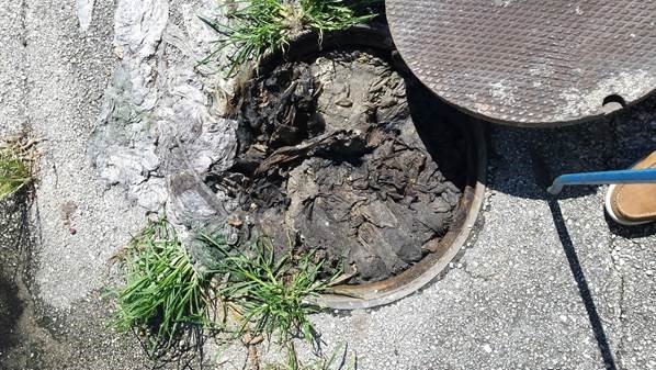 Color image of sanitary sewer manholes lid open, revealing blockage from improperly disposed of rags and wipes.