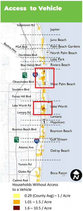 A map of US-1 through Palm Beach County, showing a large concentration of households between Okeechobee Blvd.and the West Palm Beach-Rivera Beach line