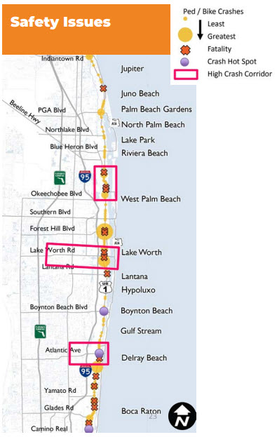 Map showing US-1 through Palm Beach County. The map shows areas of multiple fatalities and high crash corridor status in West Palm Beach, Lake Worth Road, Atlantic Avenue