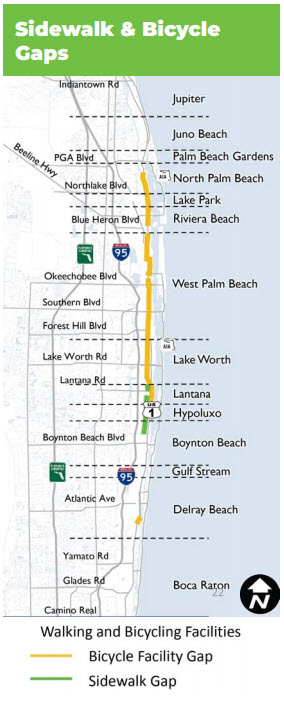 Map showing gaps in bicycle facility gaps in Palm Beach County, with all of US-1 in West Palm Beach highlighted