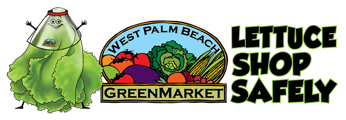 Cartoon head of lettuce wearing a face shield next the green market logo and slogan, "lettuce shop safely"