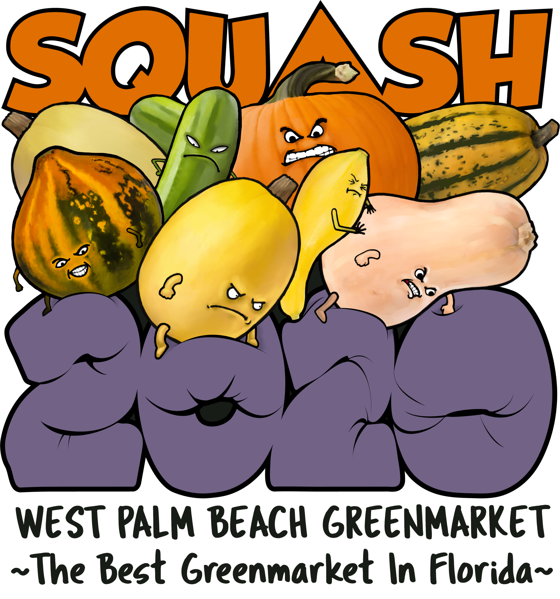 Image of cartoon squash with the words "squash 2020. West Palm Beach Green Market. The best green market in Florida."