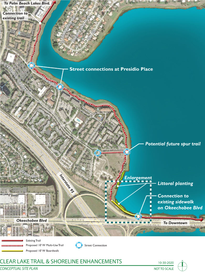 Map of lake trail and shoreline enhancements showing proposed boardwalk along the western edge 