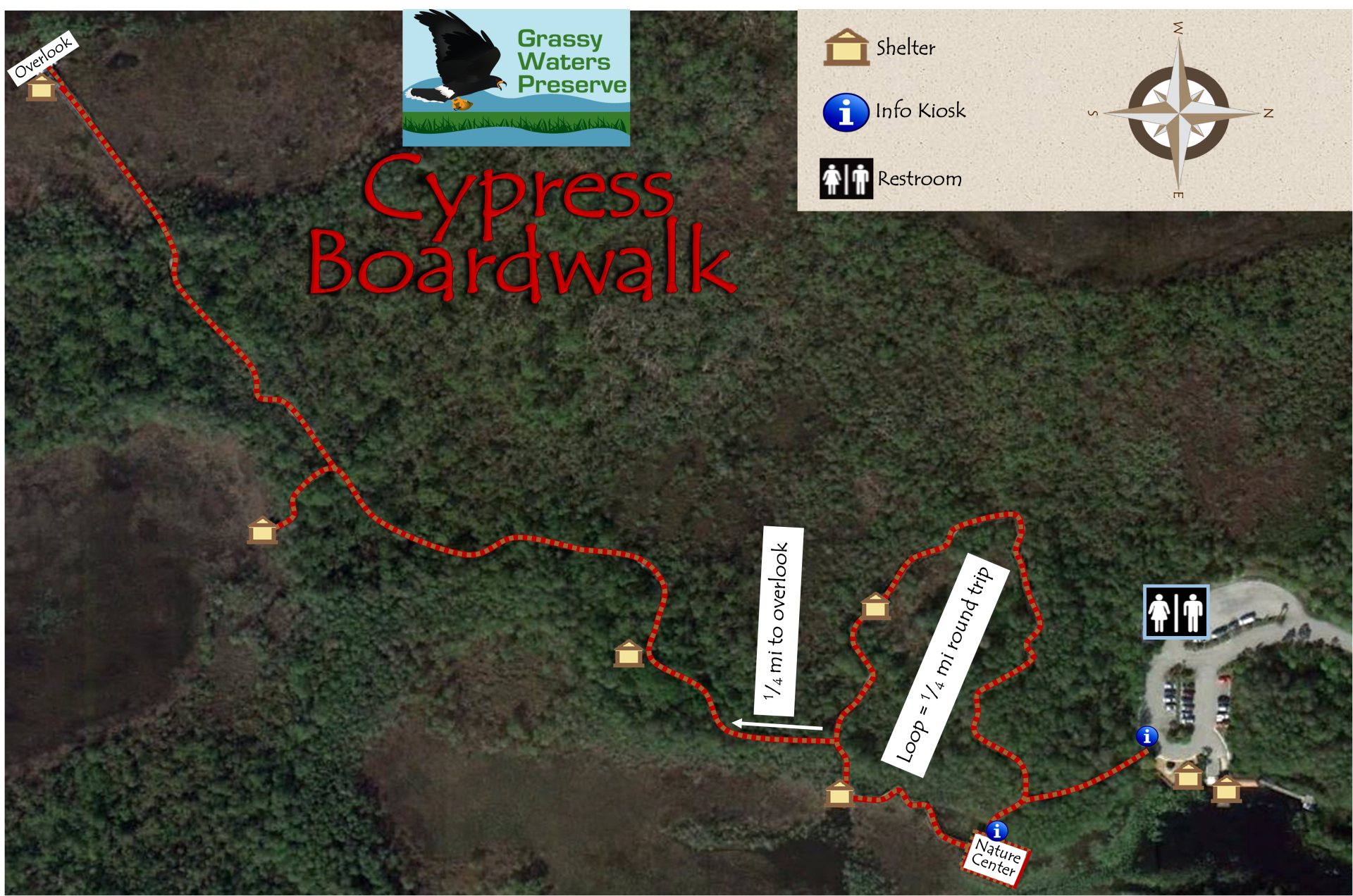 map of cypress boardwalk trail with parking lot on north end, restrooms at west end of parking lot, nature center 200ft southeast of parking lot,  0.25mi loop trail extending from nature center, and 0.25mi spur trail extending south west from southern point of loop trail ending in overlook