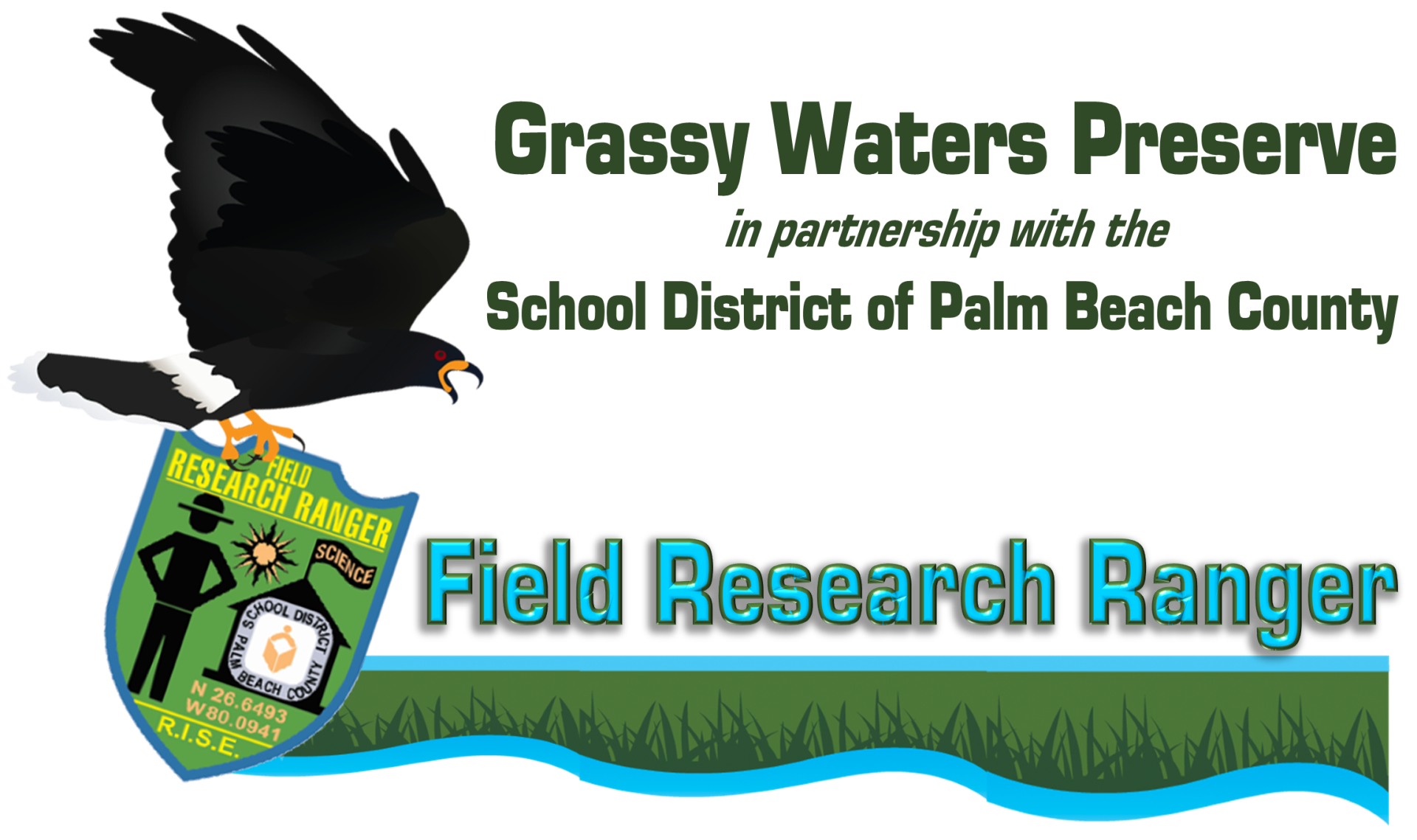 Grassy Waters snail kite logo carrying the School District Research Ranger patch with text Grassy Waters Preserve in partnership with the School District of Palm Beach County Field Research Ranger