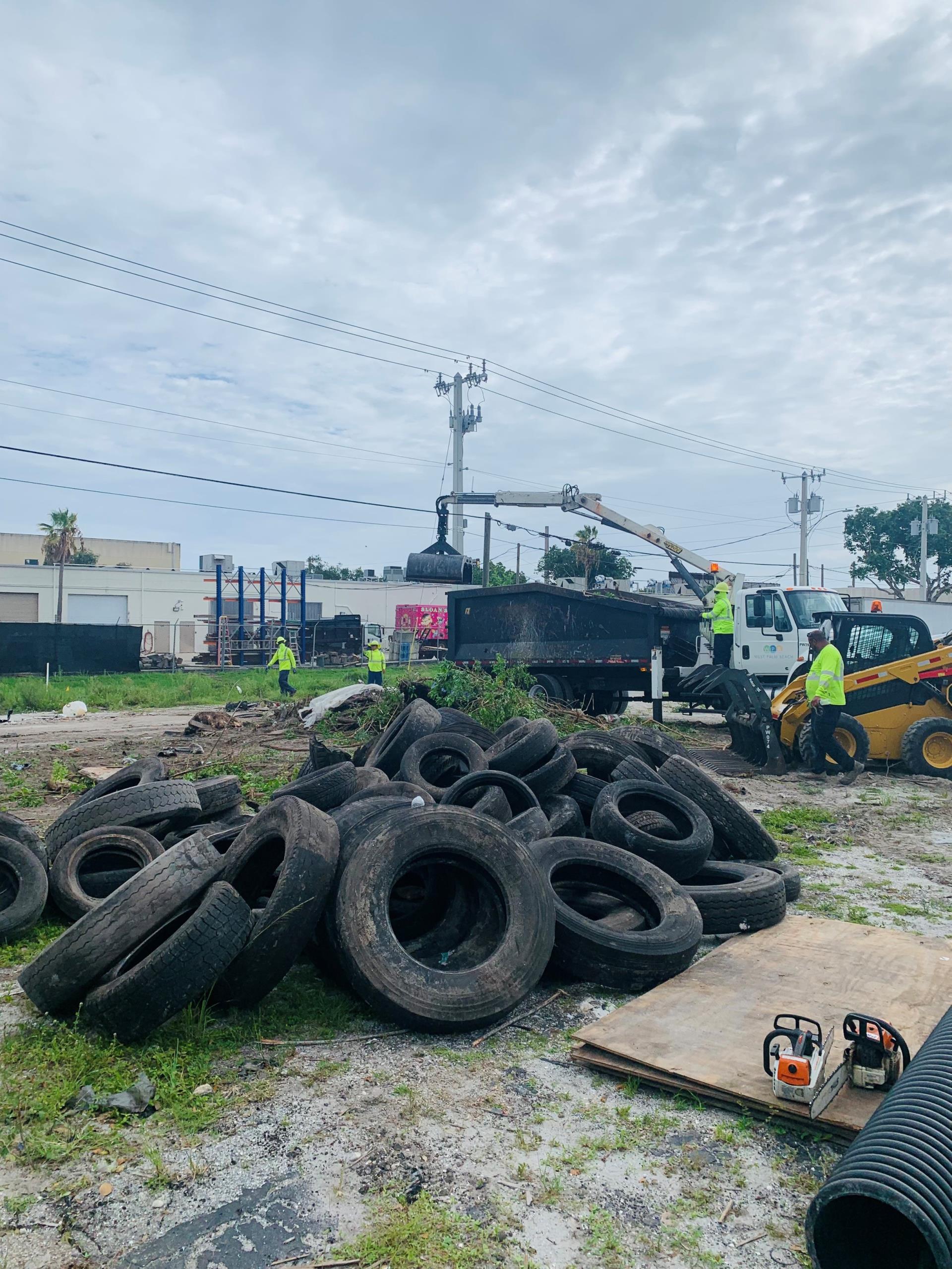 Illegally dumped tires await proper disposal during site clean up