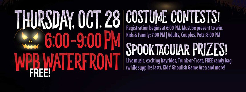 Costume contest registration begins at 6 p m . must be present to win. kids & family 7 p m. adults, couples & pets 8 p m. Spooktacular prizes live music hayrides trunk-or-treat free candy bag whiles supplies last. kid's ghoulish game area.