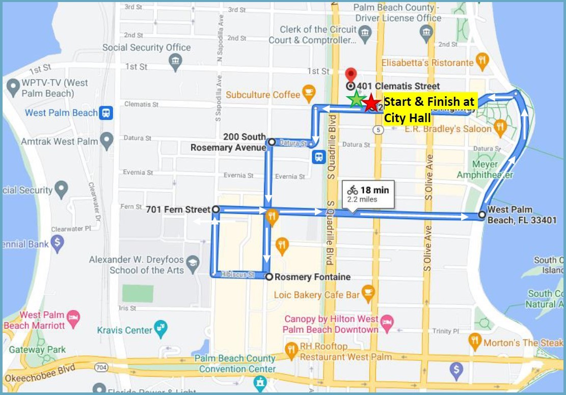 map showing ride route through downtown West Palm Beach. Starting and finishing at City Hall