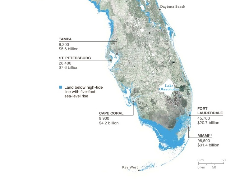 Map of Florida showing various sea levels.