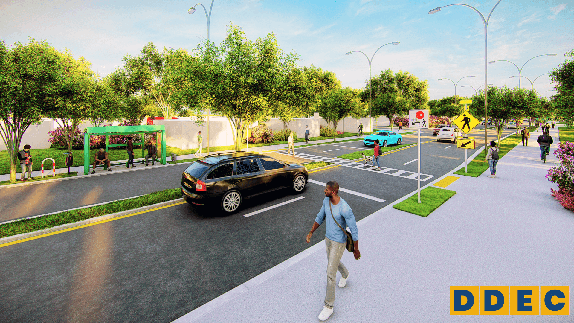 Rendering of the proposed Broadway Avenue Improvements Project, illustrating a section of the shared use lane along Broadway Avenue being used by pedestrians