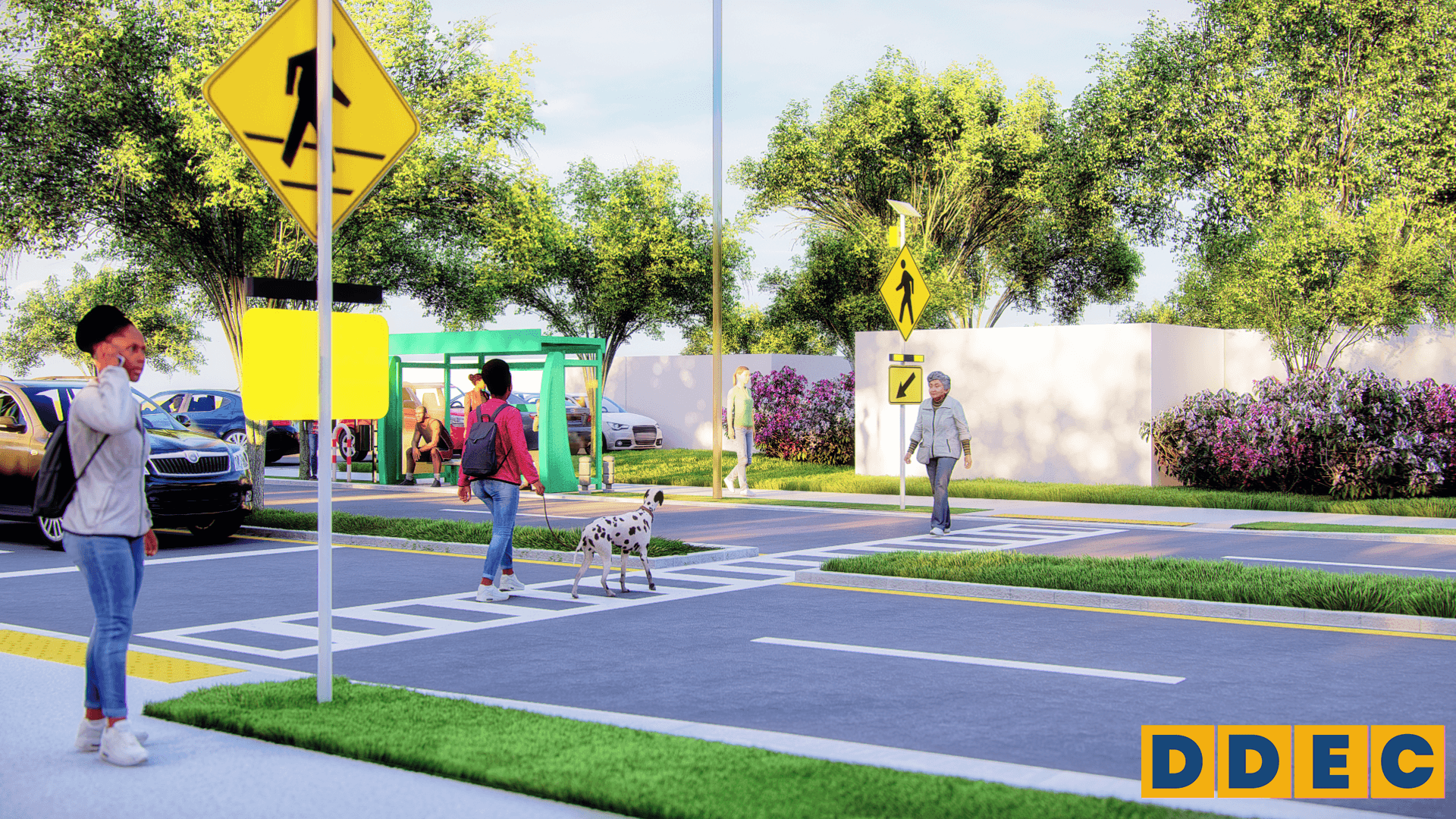 Rendering of the proposed Broadway Avenue Improvements Project, illustrating a section of a crosswalk at an intersection on Broadway Avenue. Pedestrians are utilizing the crosswalk.